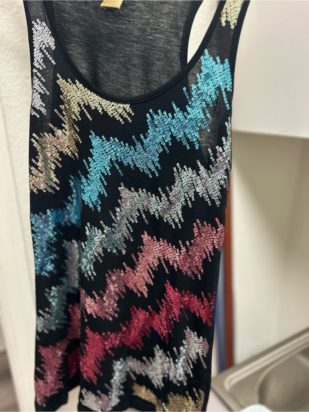 Arden B Black Tank Top with Multicolor Sequin Zigzag